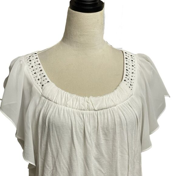 AGB White Blouse w/Sheer Flutter Sleeves & Silver Bejeweled Neckline (Size: Med) - Picture 6 of 12